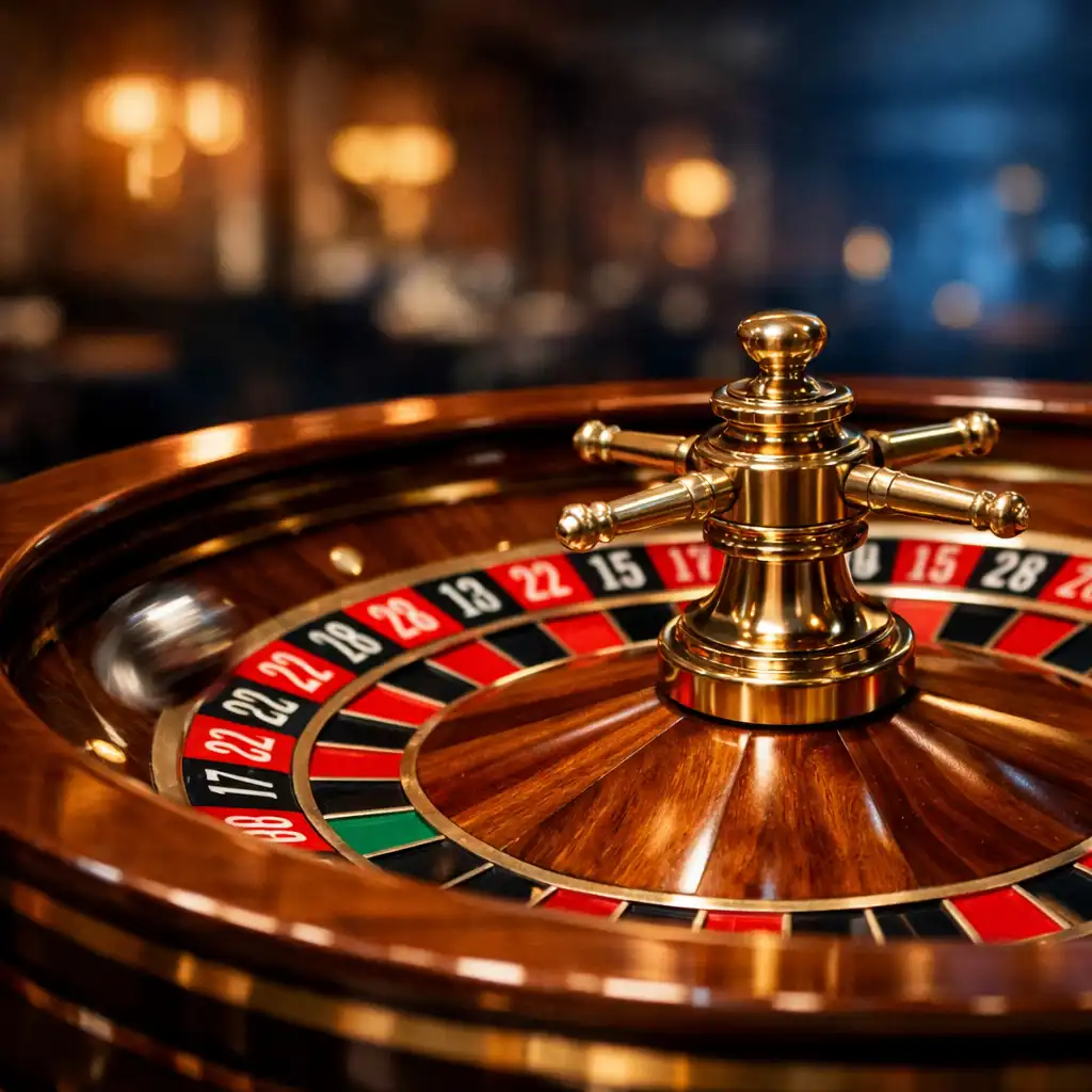 A roulette wheel in motion with warm restaurant lighting