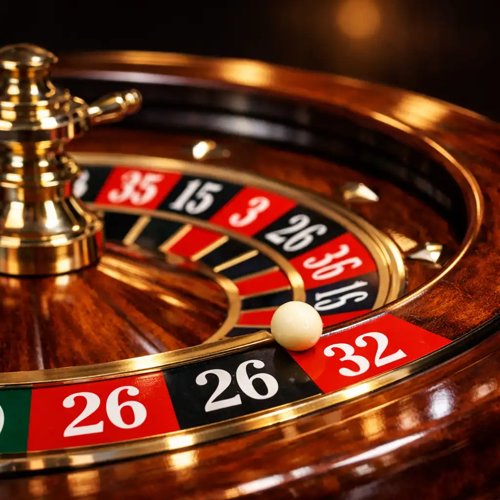 Close-up of a roulette wheel with numbered pockets and the ball resting on the edge