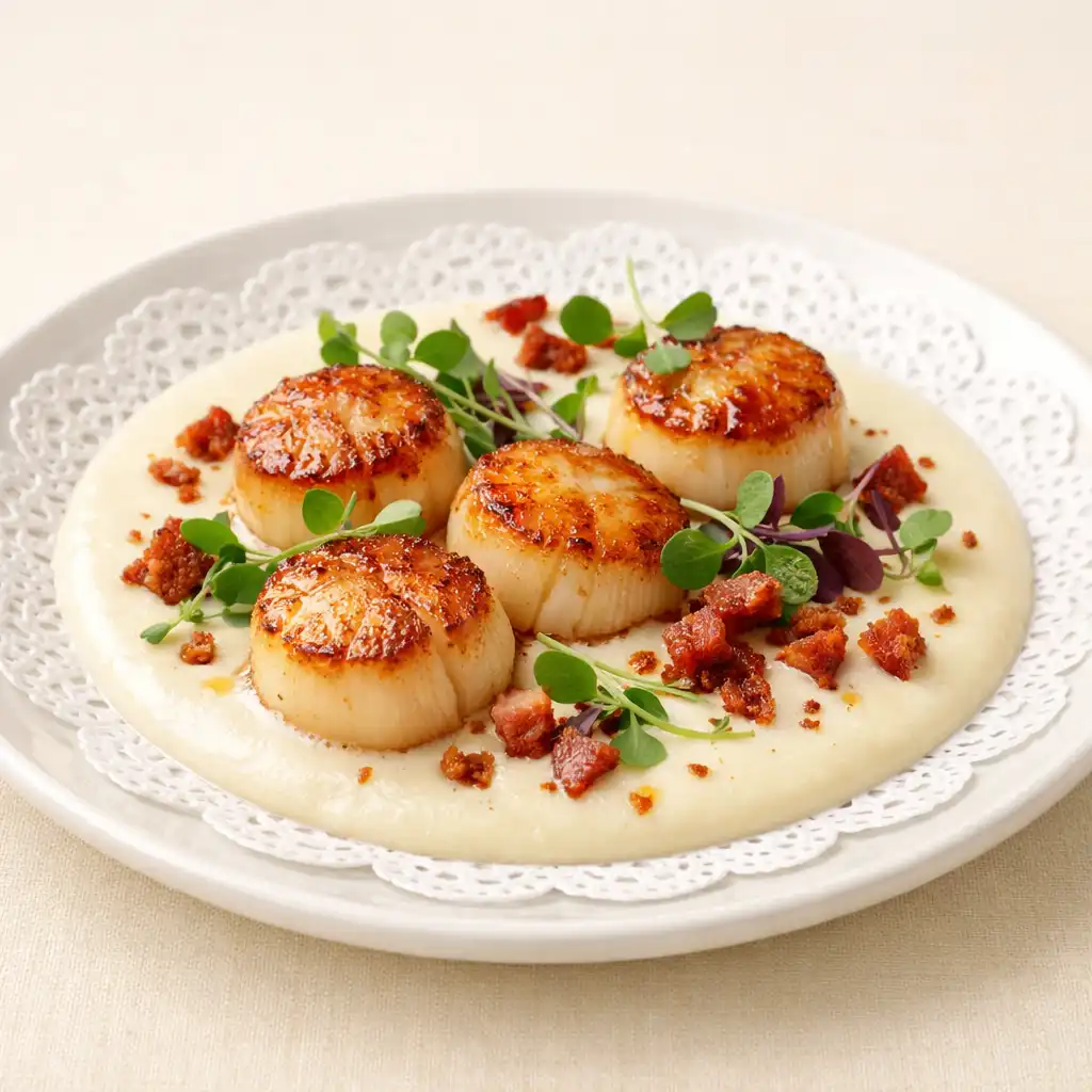 Seared scallops with cauliflower velouté, microgreens, and crispy pancetta