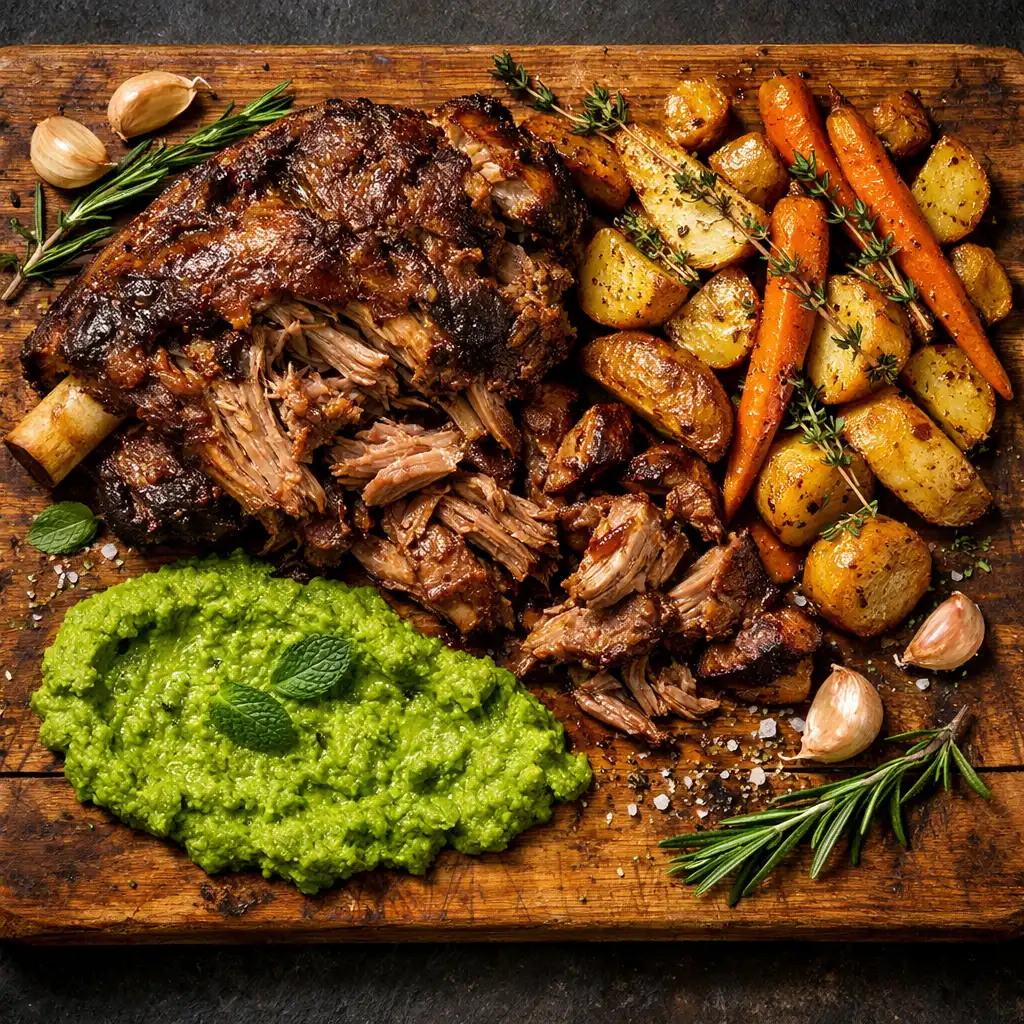 Slow-braised lamb shoulder with roasted root vegetables and mint pea purée on a wooden board