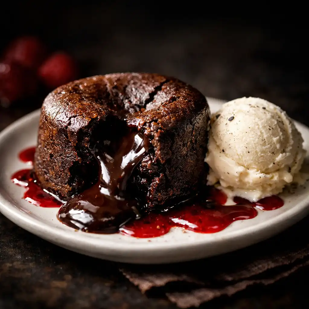 Dark chocolate fondant with molten centre, vanilla bean ice cream, and raspberry coulis