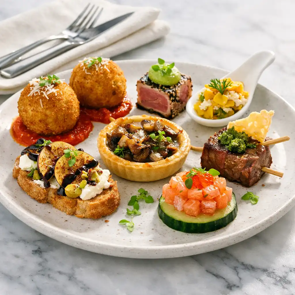 Chef's tasting plate with crostini, arancini, and a mini tart on a marble surface