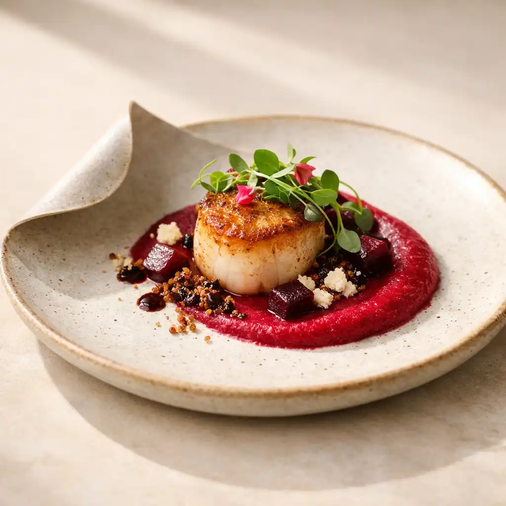 Seared scallop with beetroot puree and microgreens on a custom ceramic plate