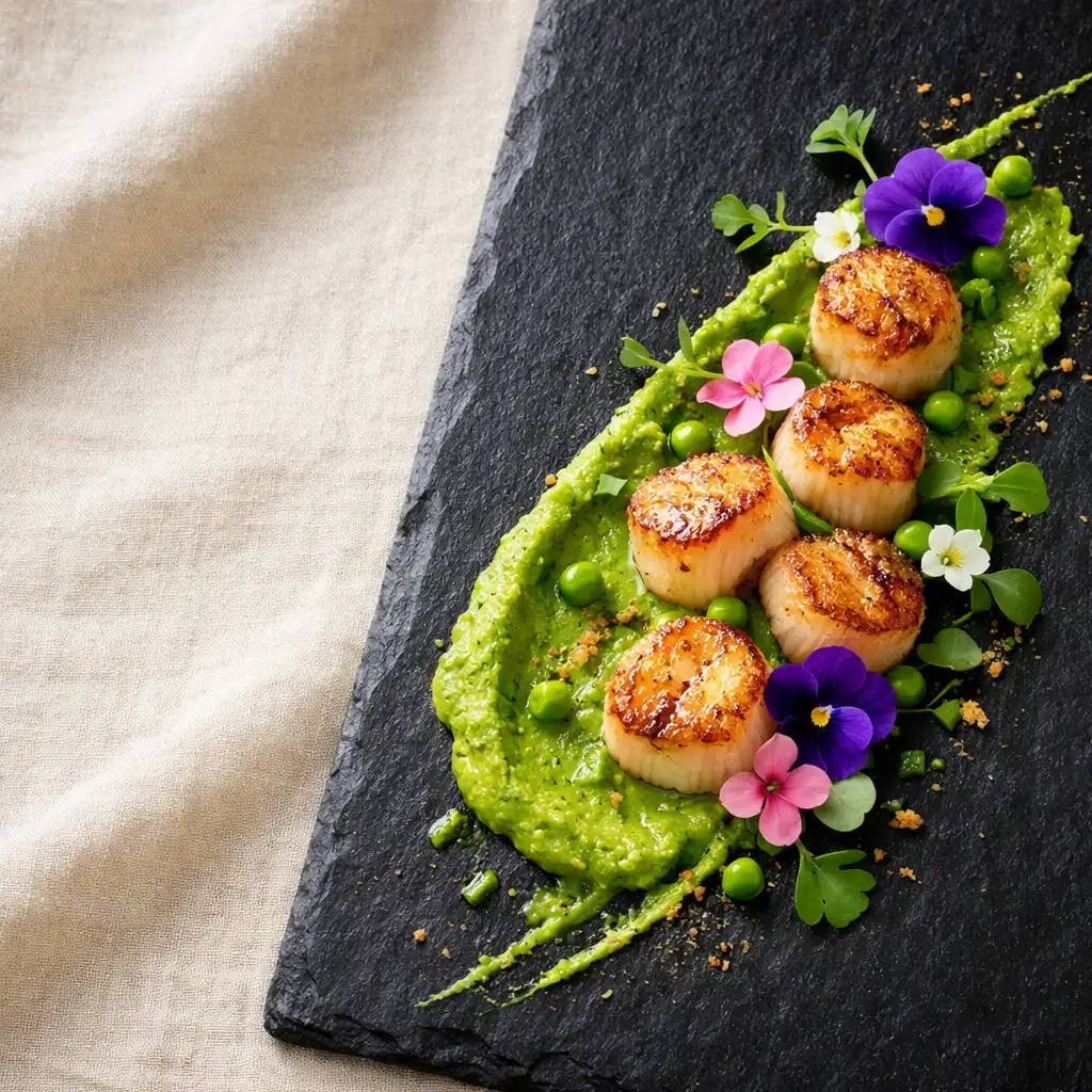 Seared scallops with vibrant green pea purée and edible flowers on a dark slate plate